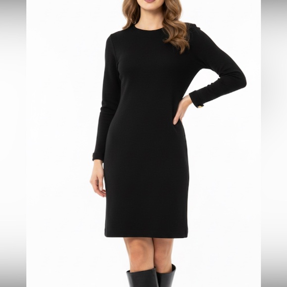 Vintage 70s N.R.1 Black Wool Double Knit Gold Button LS Shift Midi Dress Size 10 - Picture 1 of 14